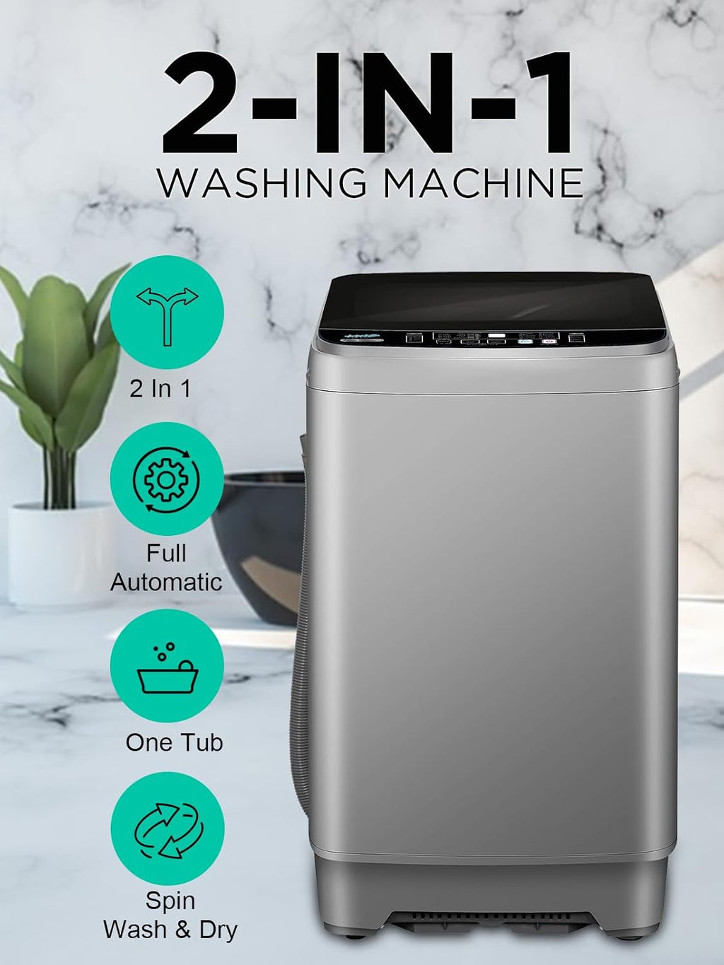 KRIB BLING 25 lbs Full Automatic Washing Machine with LED Display, Portable Washer Drain Pump, Come with a Glass Cover, 8 Programs & 8 Water Levels Selections, Ideal for Camping, Apartment, Dorm, Grey