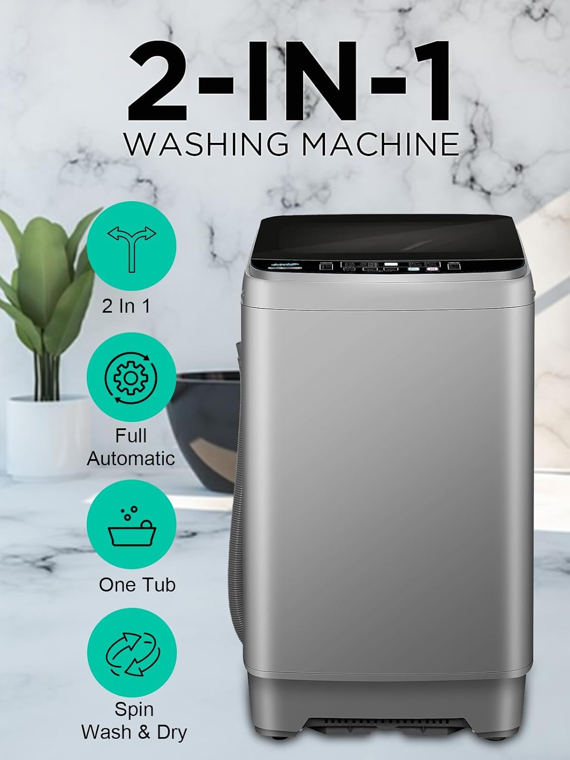 KRIB BLING 25 lbs Full Automatic Washing Machine with LED Display, Portable Washer Drain Pump, Come with a Glass Cover, 8 Programs & 8 Water Levels Selections, Ideal for Camping, Apartment, Dorm, Grey