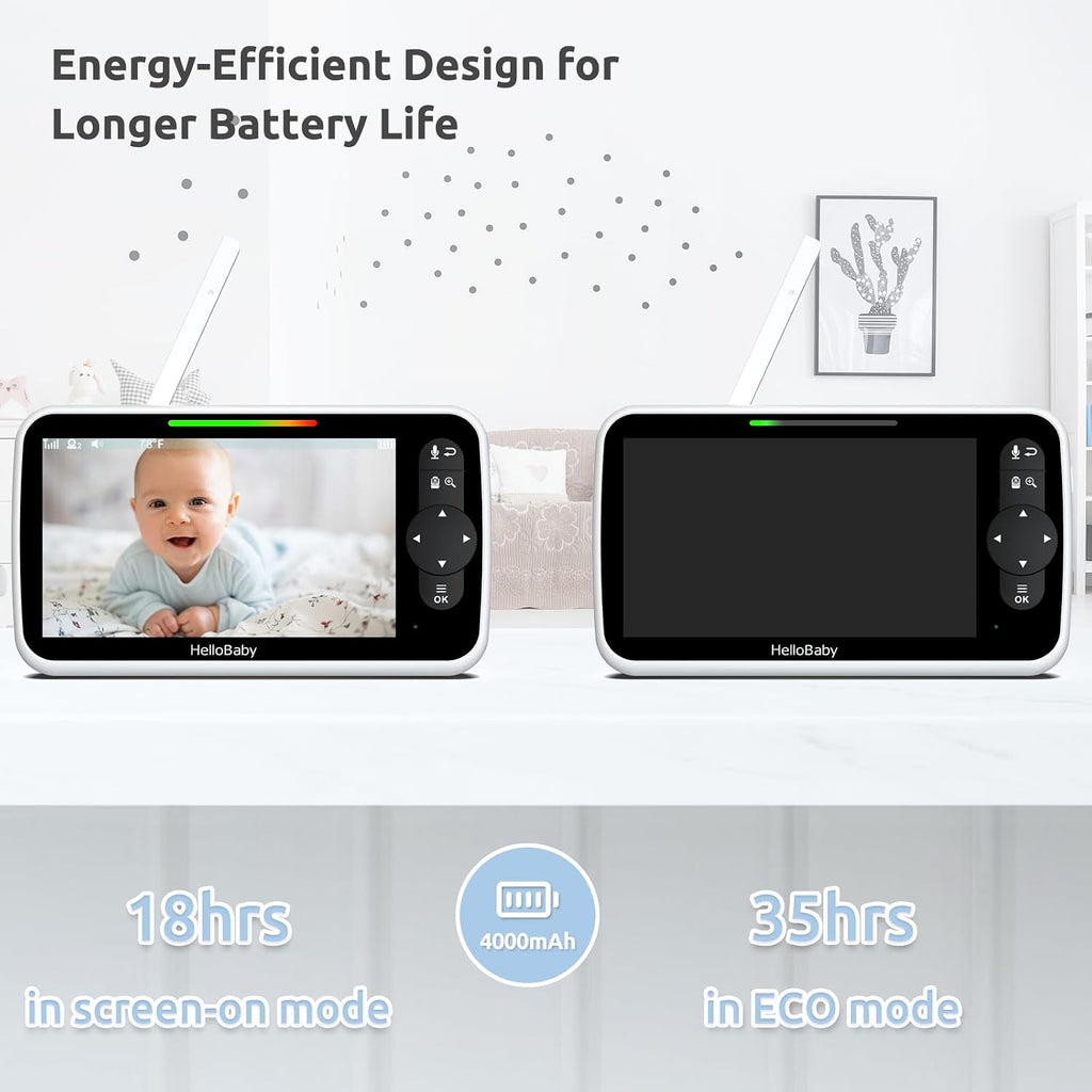 HelloBaby Video Baby Monitor with Upgraded 6' IPS Large Screen, Split Screen with 2 Cameras, Night Vision and Temprature Monitoring, Remote Pan-Tilt-Zoom Camera, No-WiFi