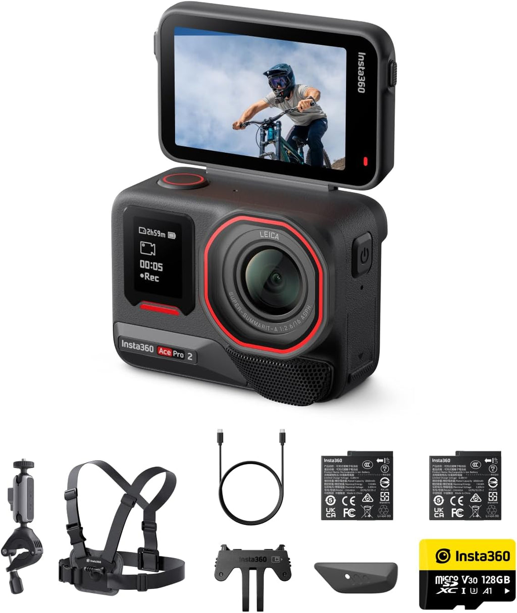 Insta360 Ace Pro 2 Bike Bundle Dual Battery - 8K Waterproof Action Camera Co-Engineered with Leica, 1/1.3' Sensor, Dual AI Chip, Leading Low Light, Superior Audio, Flip Screen & AI Editing for Vlogs