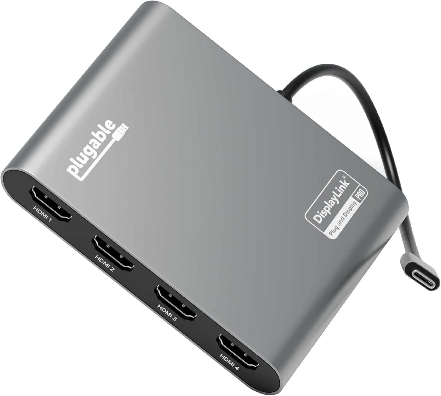 Plugable USB C to Quad HDMI 4K Adapter with 100W PD Pass-Though Power Delivery for Windows, Mac M1/M2/M3/M4, Thunderbolt, and USB-C Laptops | TAA, DisplayLink Pro, Driver Required (USBC-7400H4)