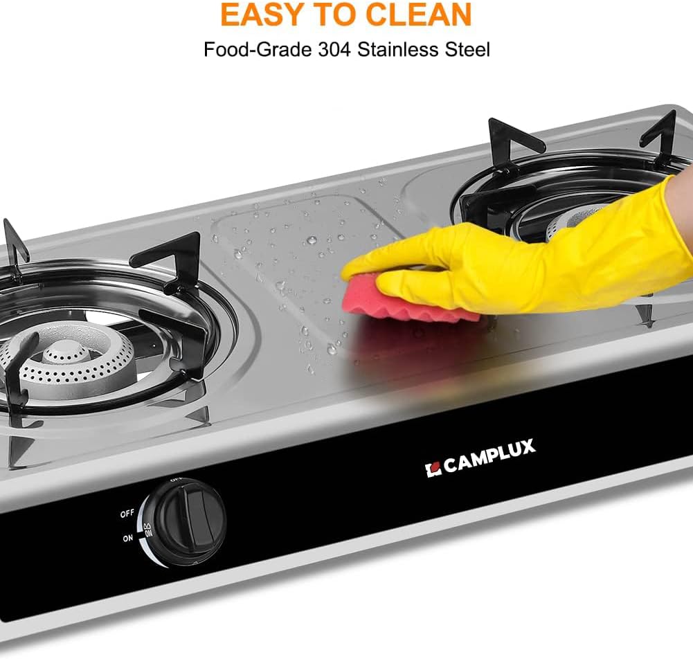 CAMPLUX 2 Burner Propane Camping Gas Stove for Outdoor Cooking, 19,600 BTU Portable Double Burner Propane Cooktop Stainless Steel with Auto Ignition, Estufa de Gas Portatil, for Patio, Camping, BBQ