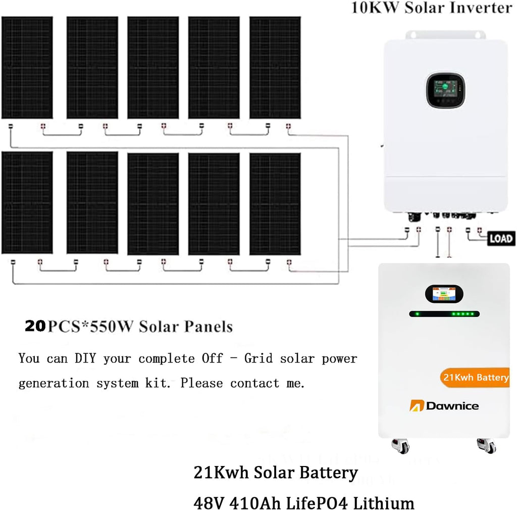 11KW Off-Grid Solar Power System Complete Kit with 20PCS Bificial 550W Solar Panels 10KW Solar Storage Inverter with MPPT Controller 48V 410Ah 21Kwh LiFePO4 Battery 120/240Vac