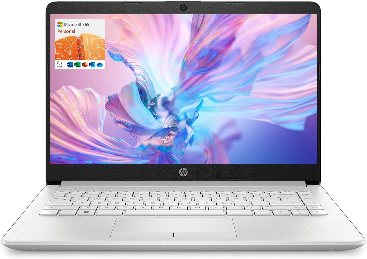 HP Portable Laptop, Student and Business, 14' HD Display, Intel Quad-Core N4120, 8GB DDR4 RAM, 64GB eMMC, 1 Year Office 365, Webcam, RJ-45, HDMI, Wi-Fi, Windows 11 Home, Silver