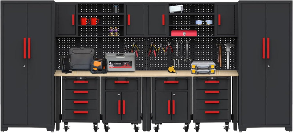 Garage Storage Cabinet System - 2 * 6-Pcs Workshop Set with Steel Cabinet Drawers, Rolling Chest, Workbench, Pegboard for Tool Organization