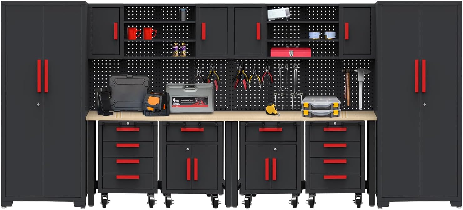 Garage Storage Cabinet System - 2 * 6-Pcs Workshop Set with Steel Cabinet Drawers, Rolling Chest, Workbench, Pegboard for Tool Organization