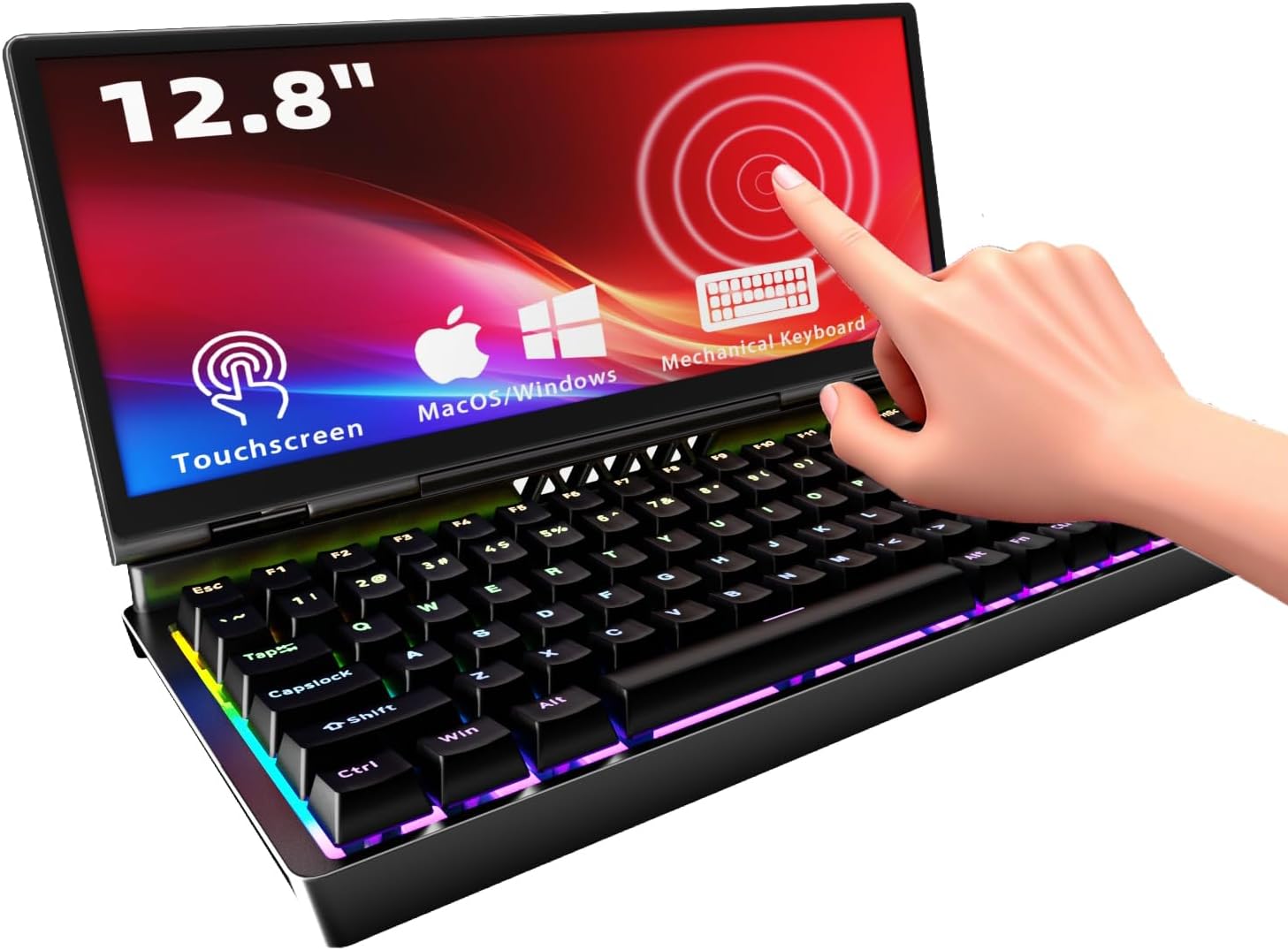 12.8' Portable Monitor Touchscreen with Mechanical Keyboard Stretched Bar Screen Extender RGB Backlit Hot-Swap USB-A Type-C Monitor for Laptop Desktop Mini PC MacBook (Driver Need)