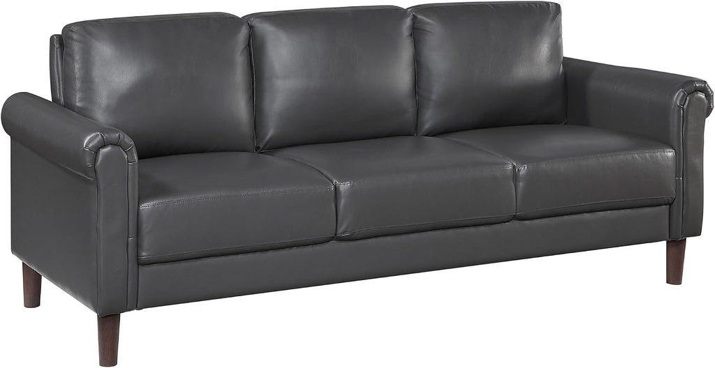 Lexicon 79' W Sofa Couch, Faux Leather Upholstered 3-Seater with Rolled Arms & Wood-Look Feet, Pocket Coil Support, Traditional Living Room, Office or Waiting Room Seating - Dark Gray