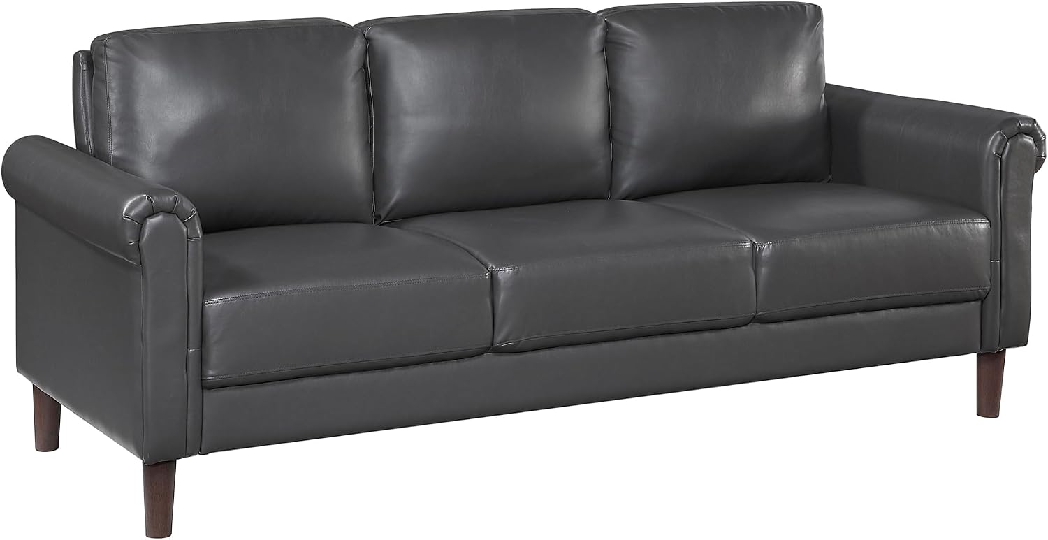 Lexicon 79' W Sofa Couch, Faux Leather Upholstered 3-Seater with Rolled Arms & Wood-Look Feet, Pocket Coil Support, Traditional Living Room, Office or Waiting Room Seating - Dark Gray