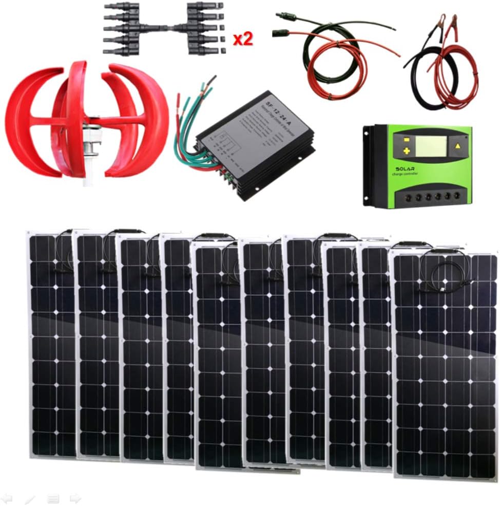 1.4Kw Wind Solar Power: 10pcs 100W Bendable Solar Panels & 400W Wind Turbine Generator & Cable Connector& Accessories Home Boat RV Off Grid
