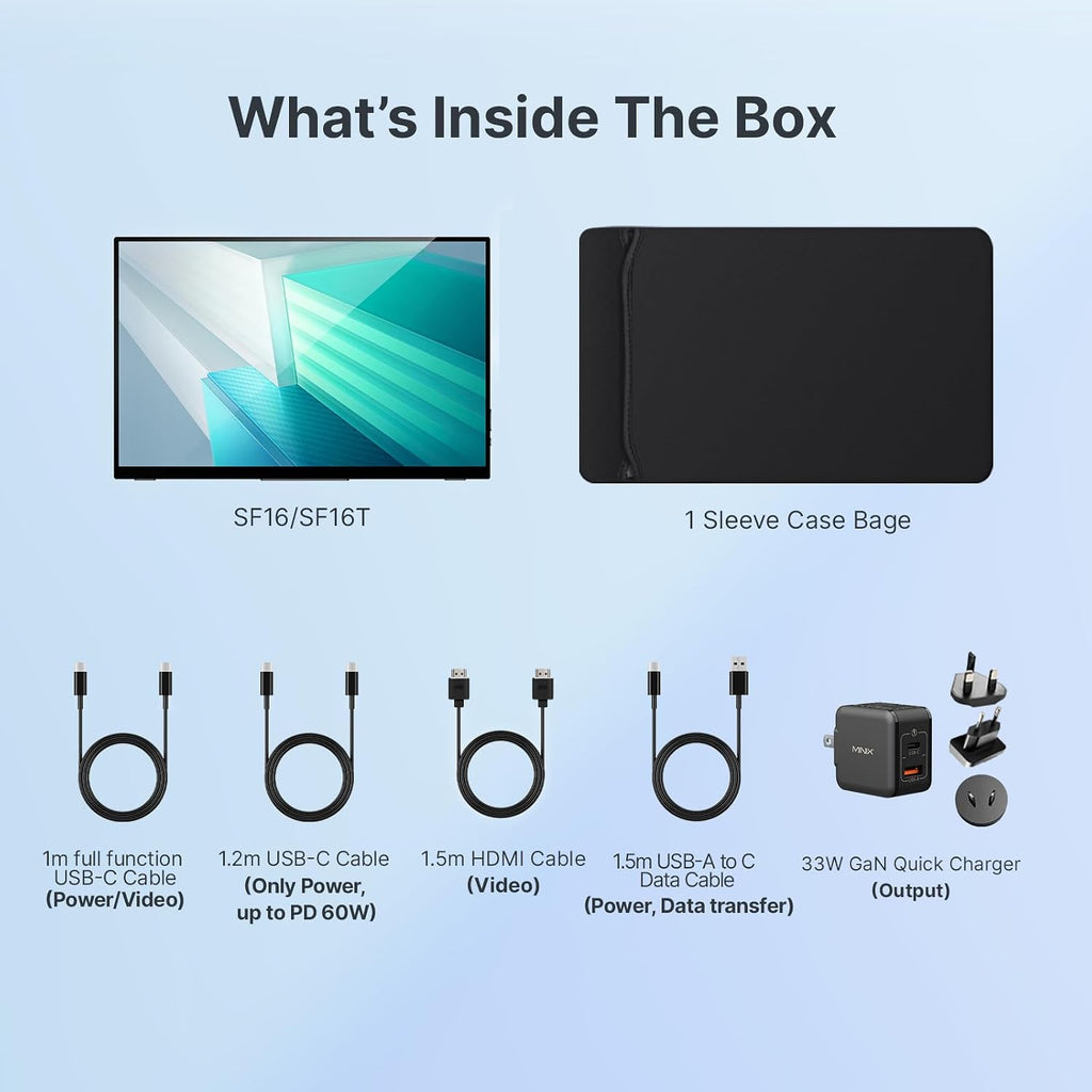 MINIX Portable Monitor 16' FHD 1200P，IPS，Touch Screen，USB-C, HDMI，Stereo，Eye Care, Flicker Free, Blue Light Filter