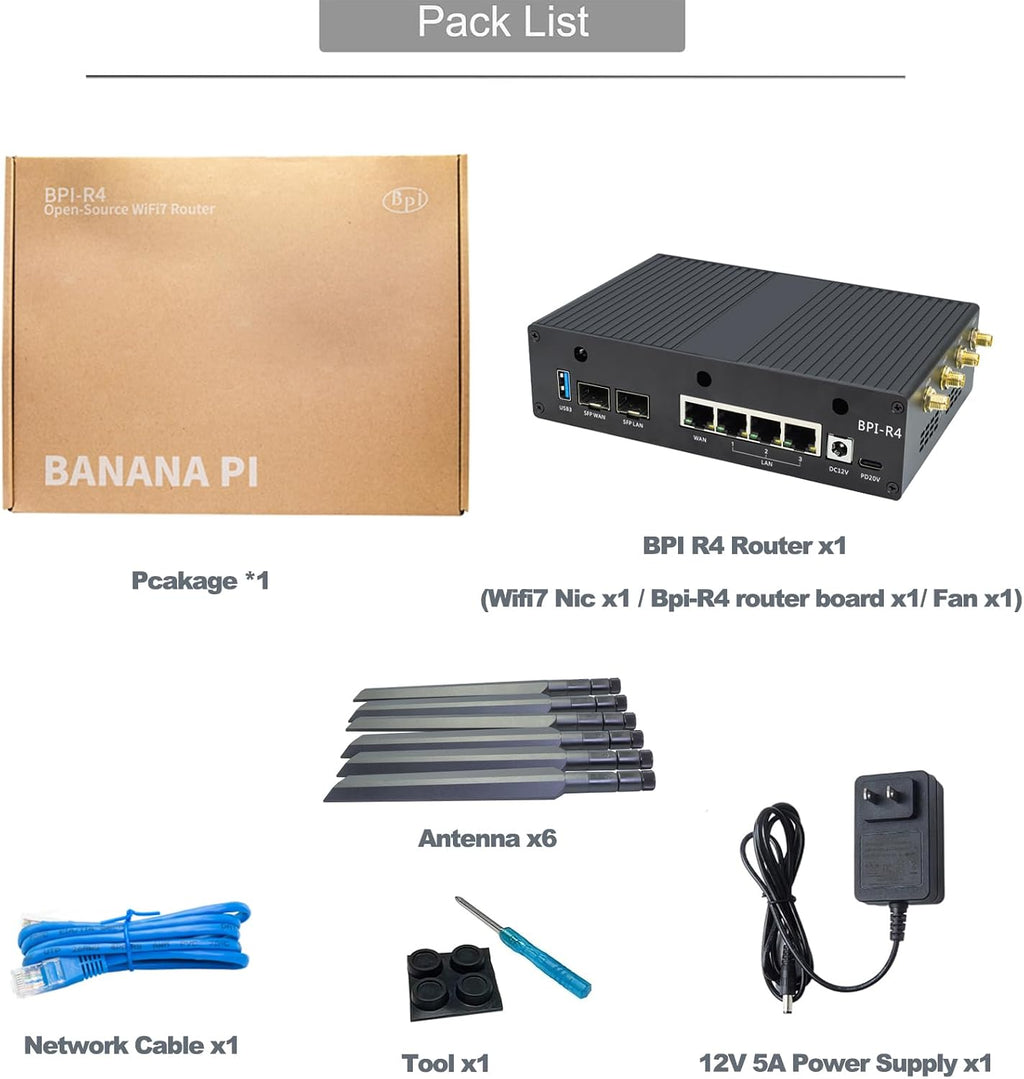 Banana Pi BPI-R4 WiFi 7 Wireless Tri-Band Router OpenWRT - DDR4 4GB/8GB RAM - MediaTek MT7988A SoC, 4G/5G Wireless Router Repeater, 2X 10GbE SFP 4X GbE for NAS Smart Home Gateway (Basic Kit, DDR4 4GB)