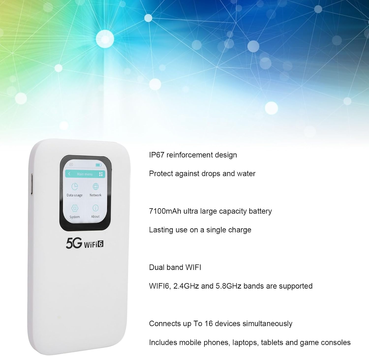 5G Wi Fi 6 Mobile Hotspot, Connects Up to 16 Devices, Portable Band Wi Fi Device, Pocket Hotspot Router with Nano SIM Card Slot, 7100mAh Battery for Travel Business