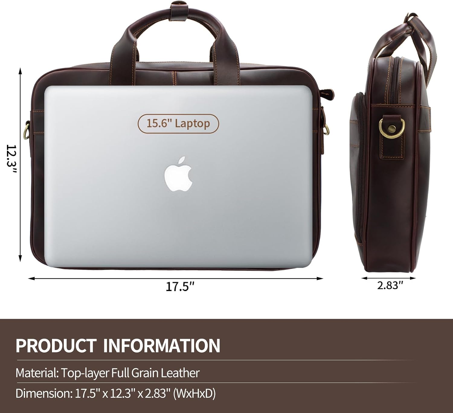 Jack&Chris Full Grain Leather Briefcase for Men, Business Messenger Bag Laptop Bag Attache Case, Fits 15.6 Inch Laptop