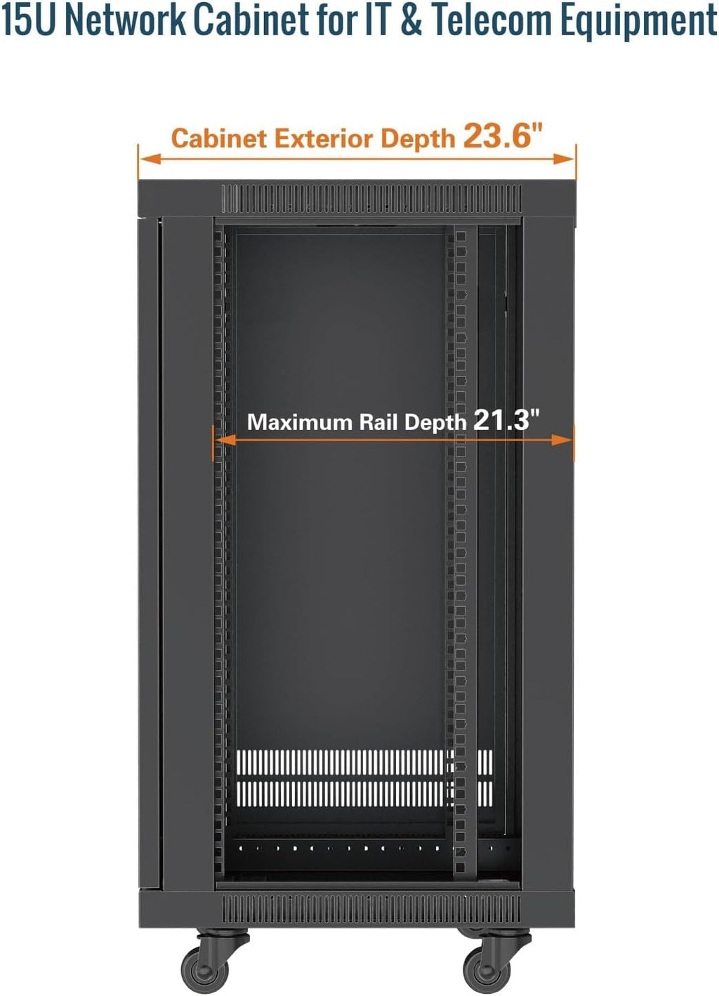 Tecmojo 15U Wall Mount Rack,15U Rack 23.6 Inch Depth,Hold Up to 176 Lbs,Enclosed Wall Mount Rack with 2 Colling Fans,for 19 Inch Network,Server and AV Gear,Glass Door(Elite Collection)