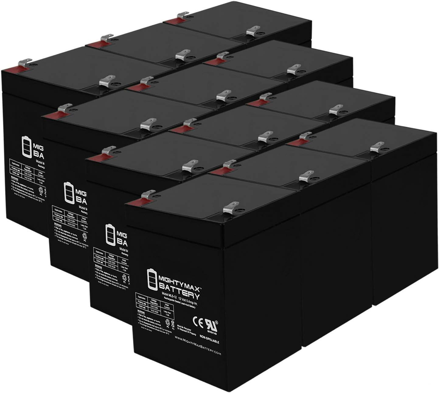 Mighty Max Battery ML5-12 - 12 Volt 5 AH, F1 Terminal, Rechargeable SLA AGM Battery (Pack of 12)