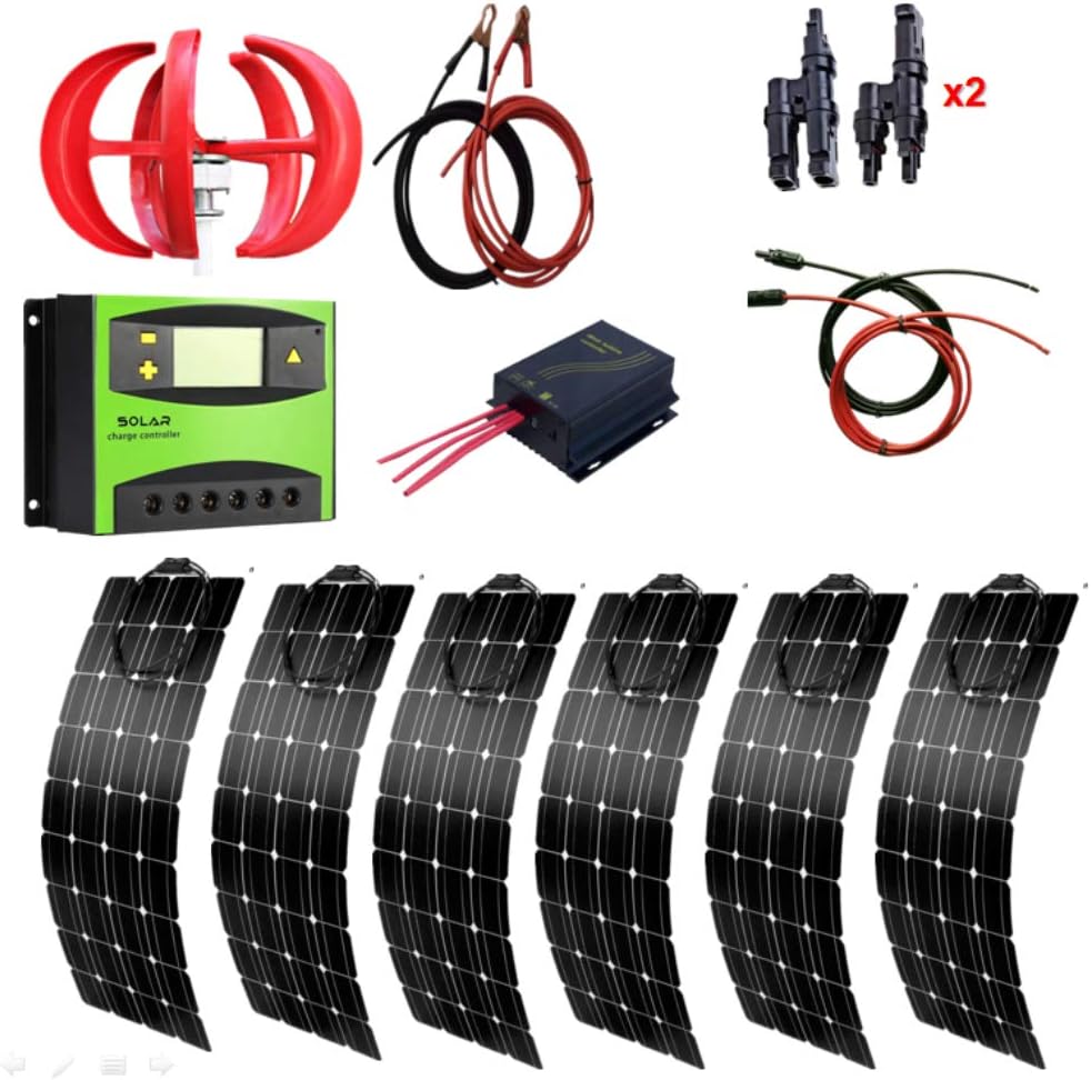 900 Watts Wind Solar Powered System(Hybrid System Kit): 6pcs 100W Flexiable Solar Panel +300W Wind Turbine Generator + Solar Controller+Wind Controller+Accessories