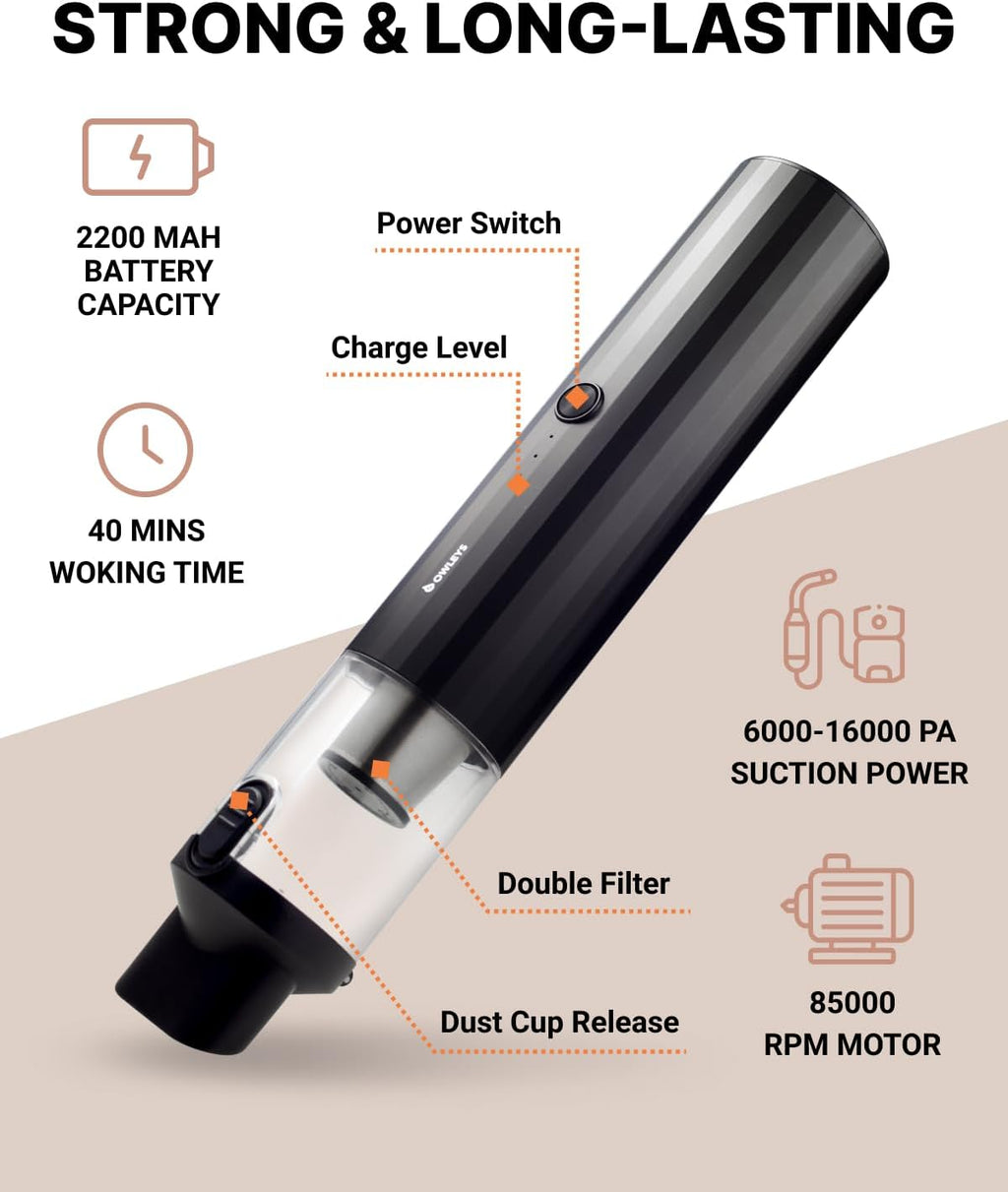 Owleys Portable Handheld Car Vacuum Cleaner with HEPA & Stainless Steel Filter, 6000–16000PA Suction, 85000 RPM Motor, 40-Min Battery Life, Cordless Mini Vacuum for Car, Home, and Office