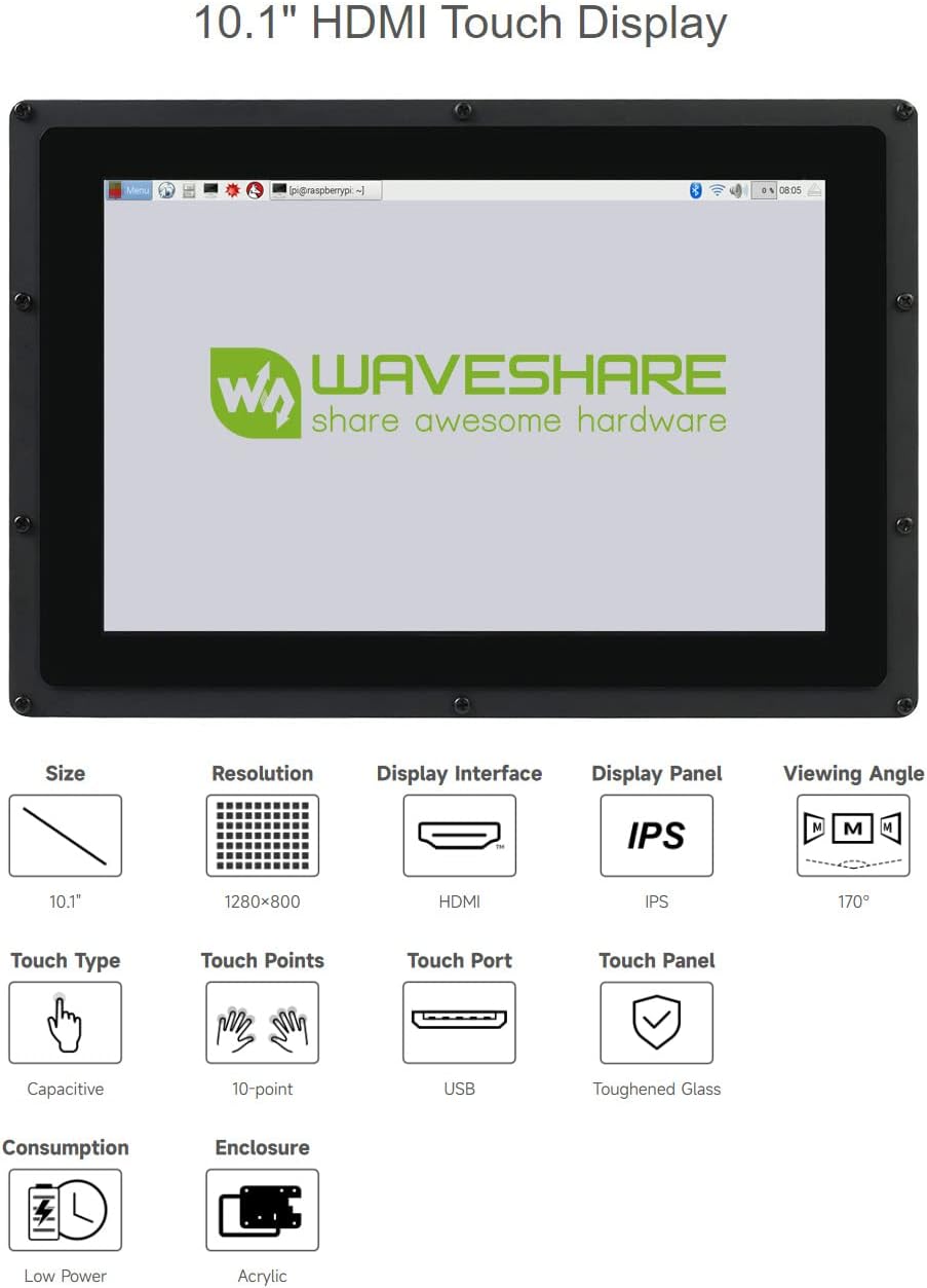Waveshare 10.1 inch Capacitive Touch Screen LCD IPS Screen 1280x800 Hardware Resolution Supports Multi Mini-PCs and Multi Systems