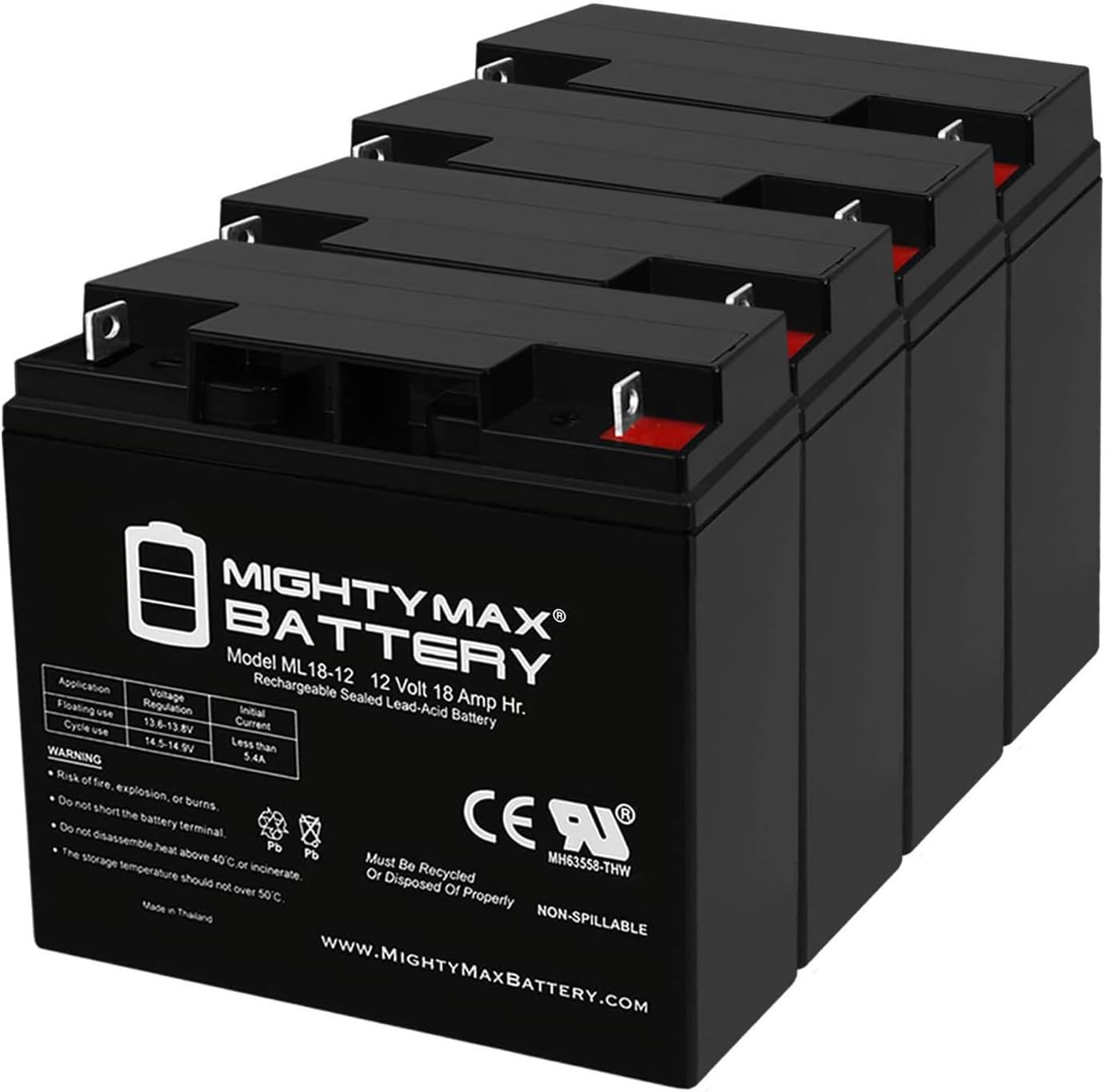 Mighty Max Battery ML18-12 - 12 Volt 18 AH SLA Battery - Pack of 4
