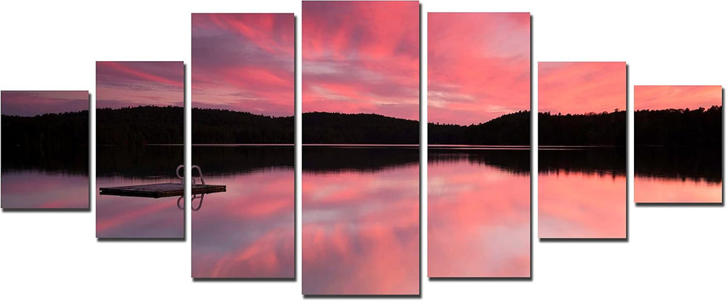 Startonight Huge Canvas Wall Art - Pink Sunset On The Lake Large Framed Set of 7 40' x 95'