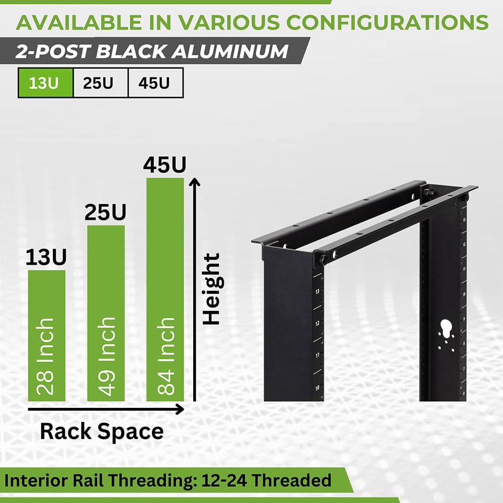 NavePoint 13U 2 Post Open Frame Server Rack for 19 Inch Equipment, AV, Networking, Data & IT Devices, 2-Post Rack 13U 661lbs Weight Capacity, Black