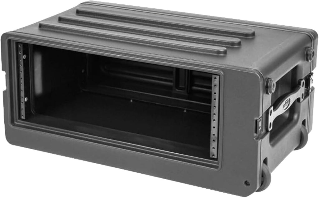 SKB 4U rSeries Shallow Rolling Rack with Integrated Back Wheels and 1-Touch Pull Handle, Comes with 8 Rack Units and Interlocking Molded Stacking Bars