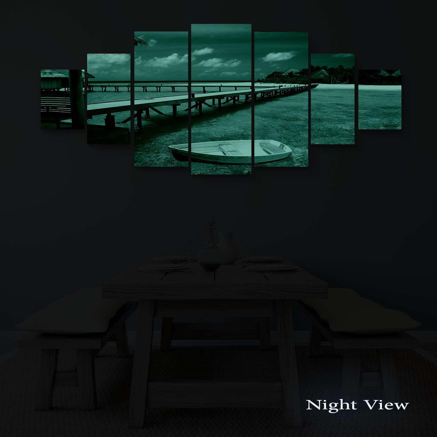Startonight Large Canvas Wall Art Beach - White Boat at the Shore - Huge Framed Modern Set of 7 Panels 40' x 95'