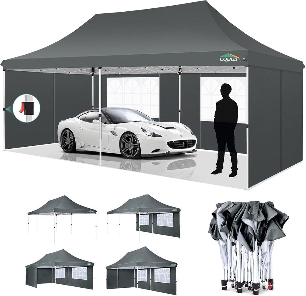 COBIZI 10x20ft Pop Up Canopy Tent with 6 Removable Sidewalls, Easy Up Commercial Canopy, Waterproof and UV50+ Gazebo with Portable Bag, Adjustable Leg Heights,Party Tents for Parties, with 4 Sandbags