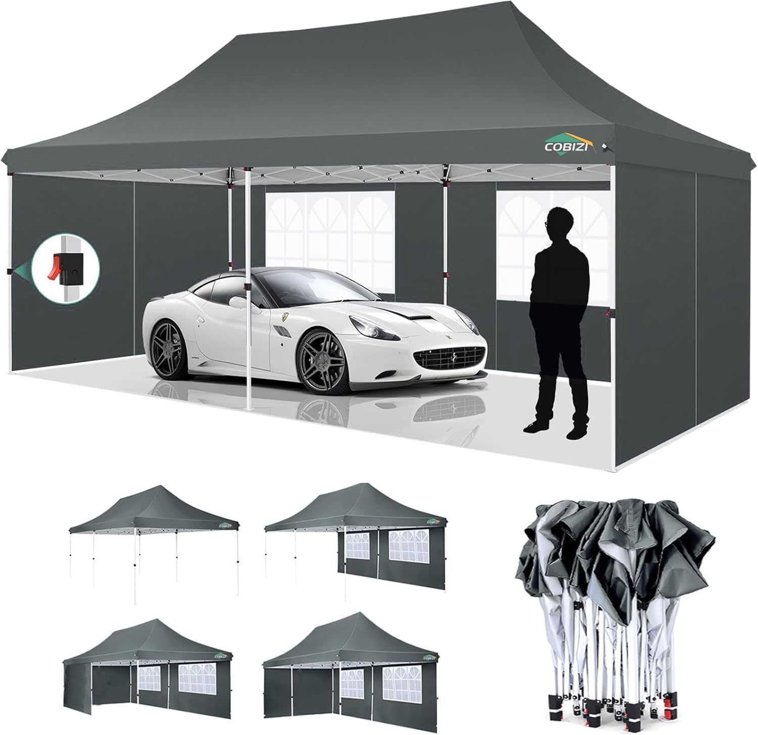 COBIZI 10x20ft Pop Up Canopy Tent with 6 Removable Sidewalls, Easy Up Commercial Canopy, Waterproof and UV50+ Gazebo with Portable Bag, Adjustable Leg Heights,Party Tents for Parties, with 4 Sandbags