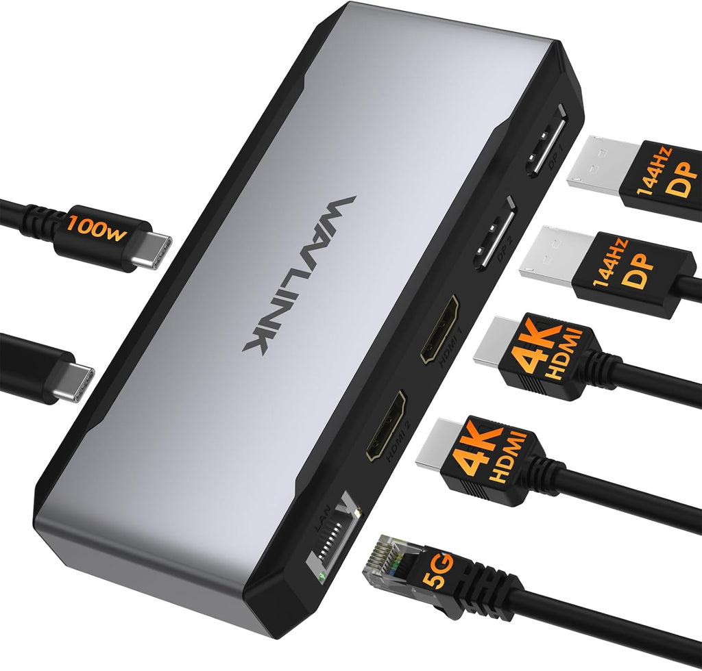 USB C Docking Station Dual HDMI, WAVLINK 4 Monitor Docking Station with Dual DP, Dual HDMI, 100W PD in, 5G Ethernet Port for Dell/HP/Lenovo etc, Windows Systerm Computer Only - Host USB3.2 Required