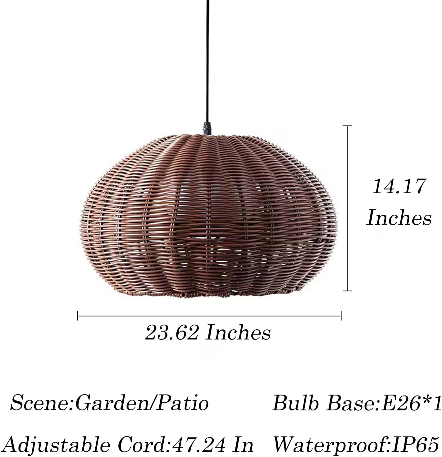 MIXL-24 Inch Large Rattan Pendant Light,Outdoor Waterproof Hanging Light Fixture,Rustic Dining Room Light Fixture,Farmhouse Style Pendant Lamp for Balcony Yard and Porch