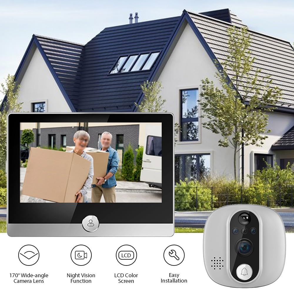 WiFi 1080P Video Doorbell Camera, 2.4GHz Peephole Camera Door Viewer with 4.3inch LCD Display, 120 Degree View Angle, Night Vision, Motion Detection, 2-Way Audio, Rechargeable Battery