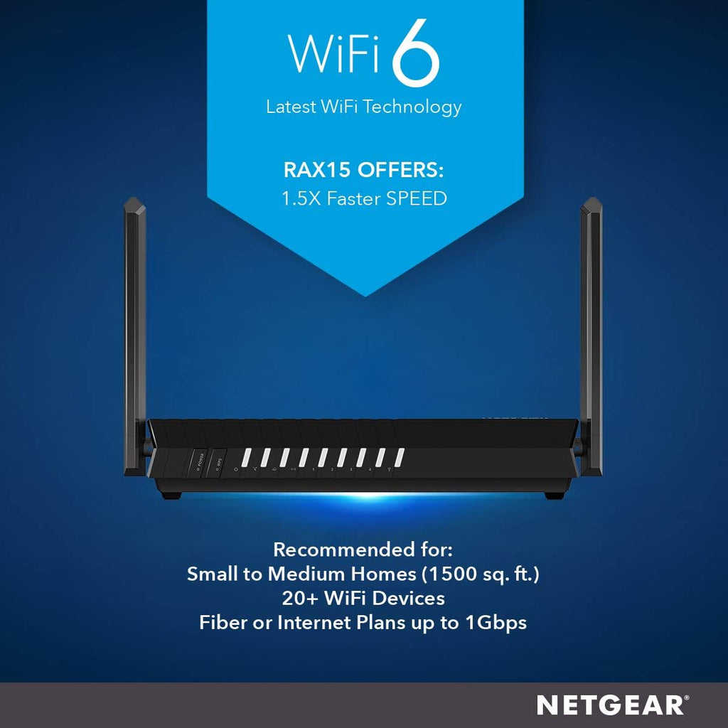 NETGEAR 4-Stream WiFi 6 Router (RAX15) - AX1800 Wireless Speed (Up to 1.8Gbps) | Up to 1500 sq ft Coverage & 20+ Devices | Ideal for iPhone 11, Samsung Galaxy S20