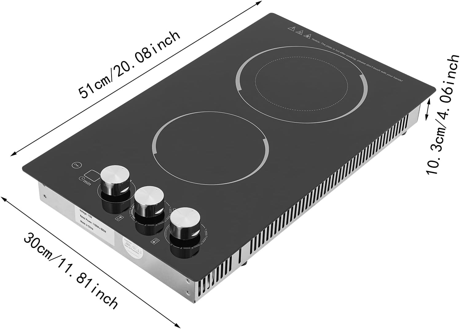Electric Cooktop 20 Inch, 1700W Drop-in 2 Burner Electric Stovetop in Black with 5 Power Levels, 0-99 Minute Timer, Child Safety Lock, 110V - 20.08x11.81x4.06in(No Plug)