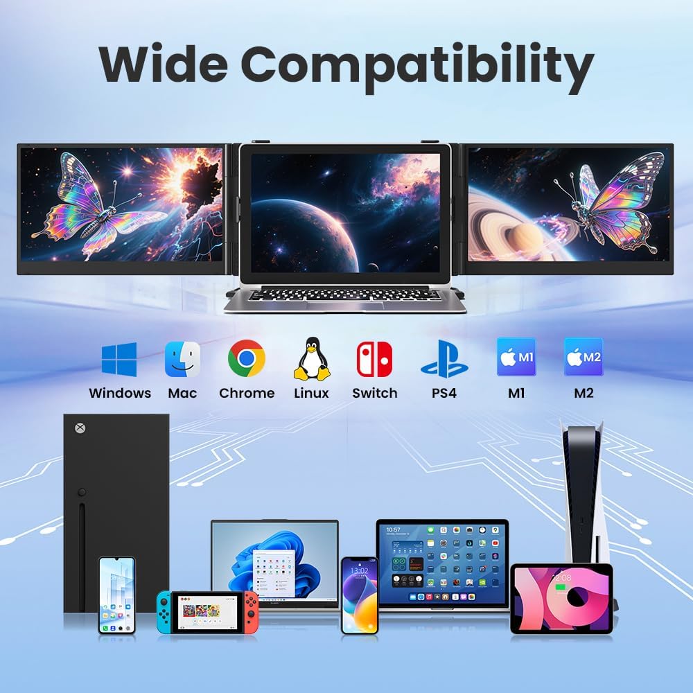 Hyangin Triple Laptop Screen Extender 14-inch, 2026 Upgraded Ultra-Slim 1080P FHD Displays for Laptop, Ultra-Light Triple Monitor for 13.3-17.3' Laptops, Compatible with Windows/Mac/Chrome OS/Phones