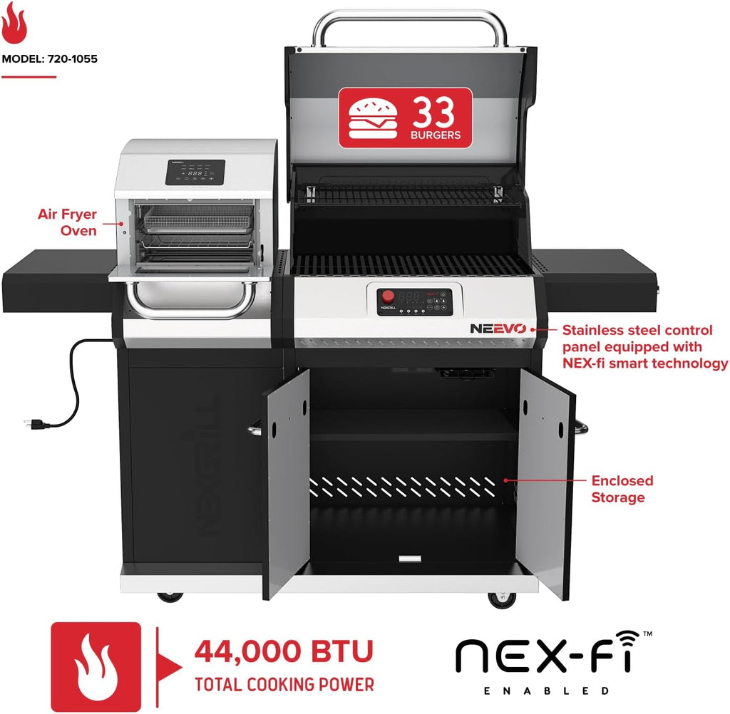 Neevo 44,000 BTU Liquid Propane Gas Grill with Built-in Air Fryer – 714.3 sq. in. Cooking Area, Smart Outdoor BBQ with Cast Iron Grates, App Connectivity & Electronic Controls, Model 720-1055