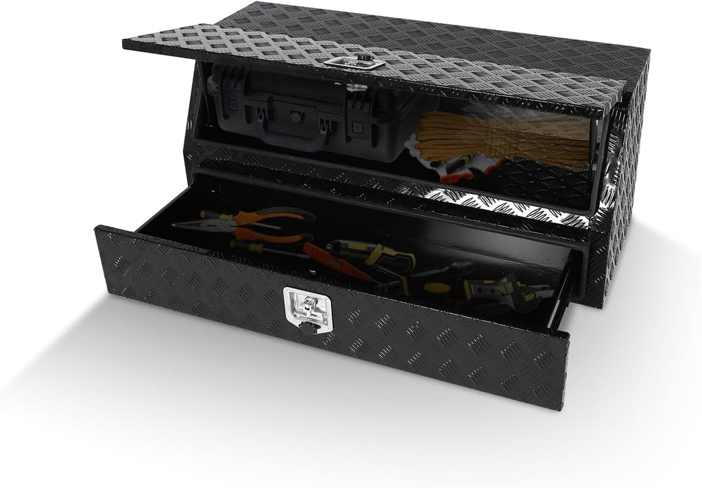 48' Truck Tool Box With One Door and drawer,Heavy-Duty Aluminum 5 Bar Tread Double-layer Toolbox, 48'x 17.7'x 20.8' Truck bed Tools Storage Organizer W/Lock and Keys For Truck, Van, Trailer