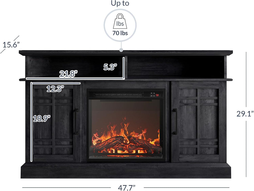 BELLEZE 48' TV Stand with 18' Electric Fireplace Heater, Modern TV Stand for TVs up to 50', Entertainment Media Stand with Open Shelves and Storage Cabinets for Living Room, Bedroom (Rustic Grey)