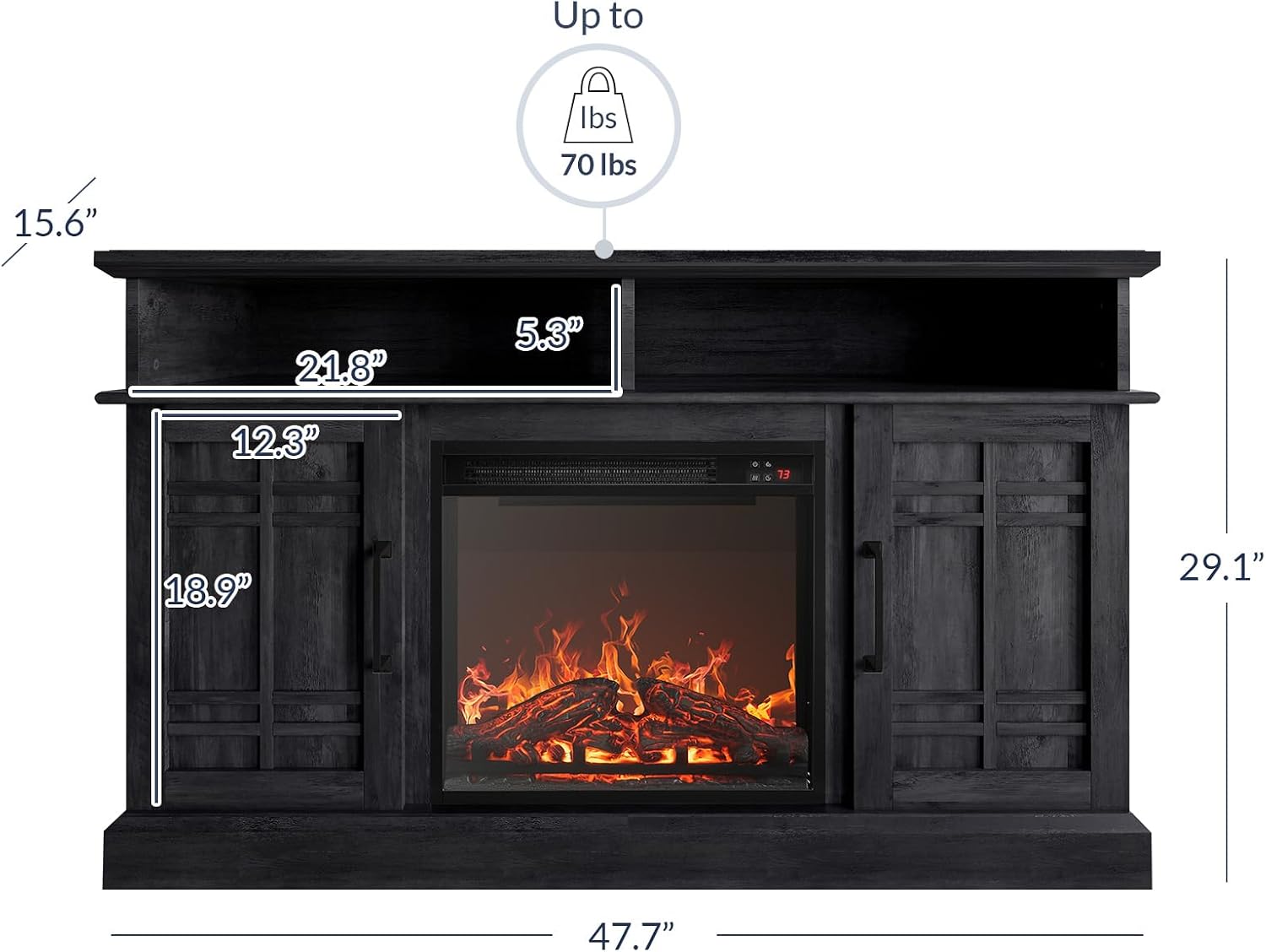 BELLEZE 48' TV Stand with 18' Electric Fireplace Heater, Modern TV Stand for TVs up to 50', Entertainment Media Stand with Open Shelves and Storage Cabinets for Living Room, Bedroom (Rustic Grey)