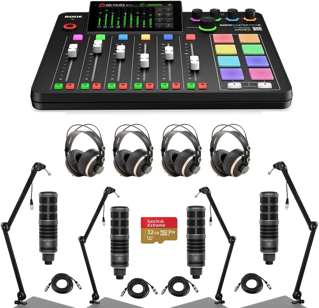 Rode RODECaster Pro II Integrated Audio Production Studio Console Bundle with 4x Turnstile Audio TAP300 Mic, 4x TAPH500 Headphones, 4x H&A Broadcast Arm, M to F XLR Cable, 64GB microSD Card