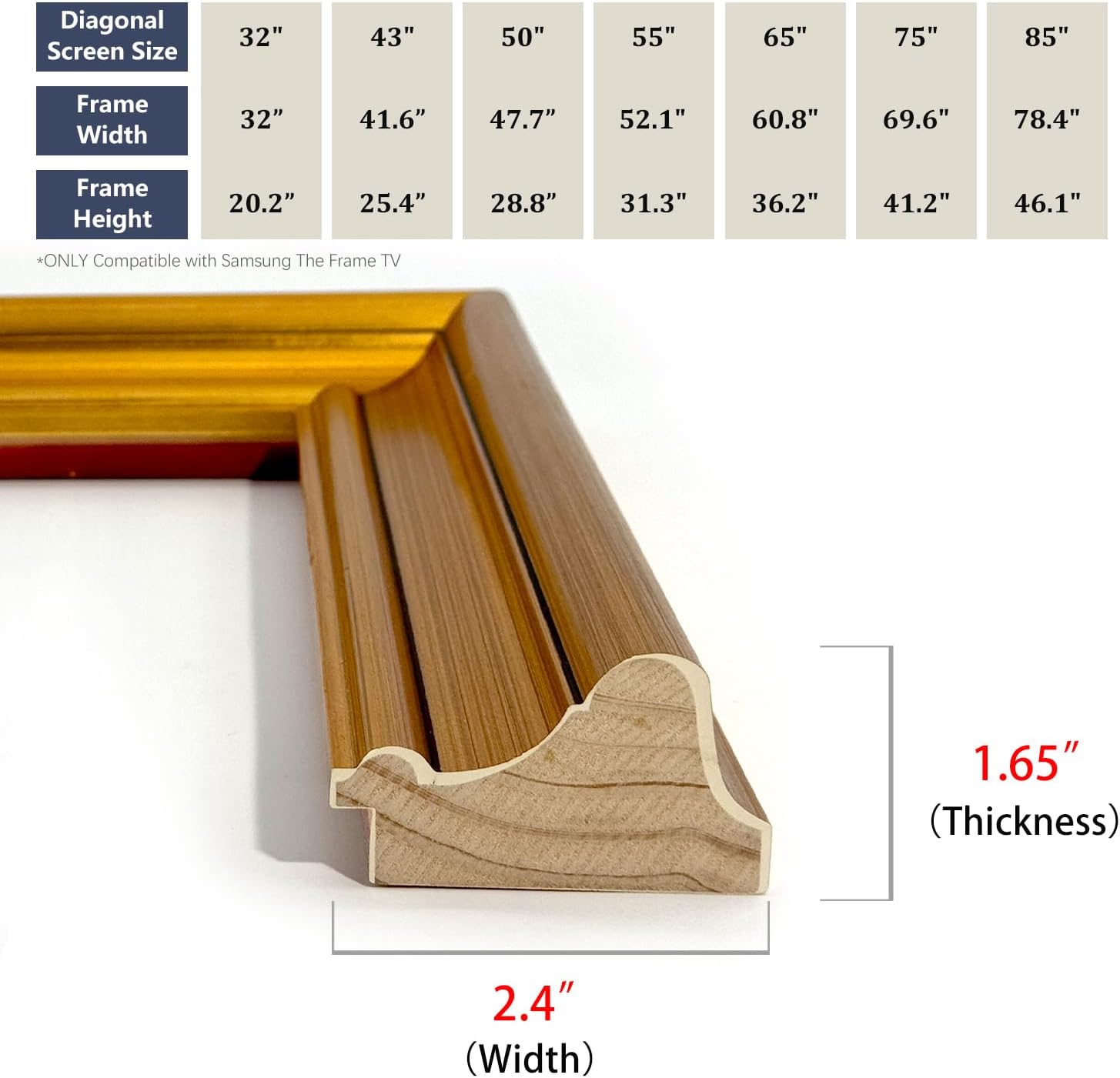 Bright Gold 43' TV frame - Compatible ONLY with Samsung The Frame TV (Fits 2021-2026 models, model codes:43LS03A/B/C/D/FA/HE)