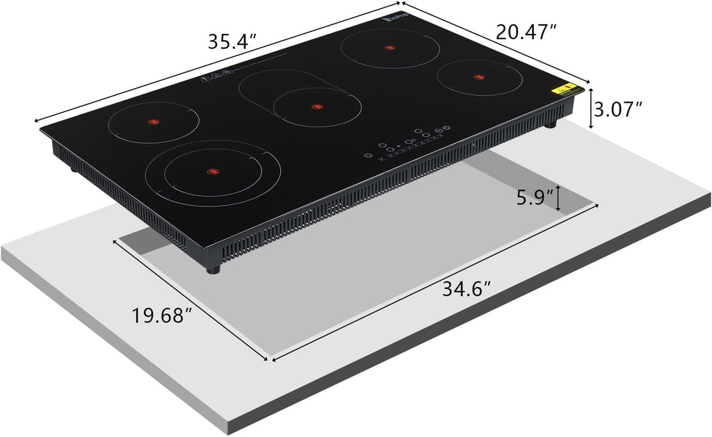 Winado 5 Burners Electric Ceramic Cooktop 35 inch, 220-240V Flat Top Stove, Multi-function Elecric Stovetop w/9 Heating Level, Timer & Kid Safety Lock, Sensor Touch Control, Timer Setting, 8600W