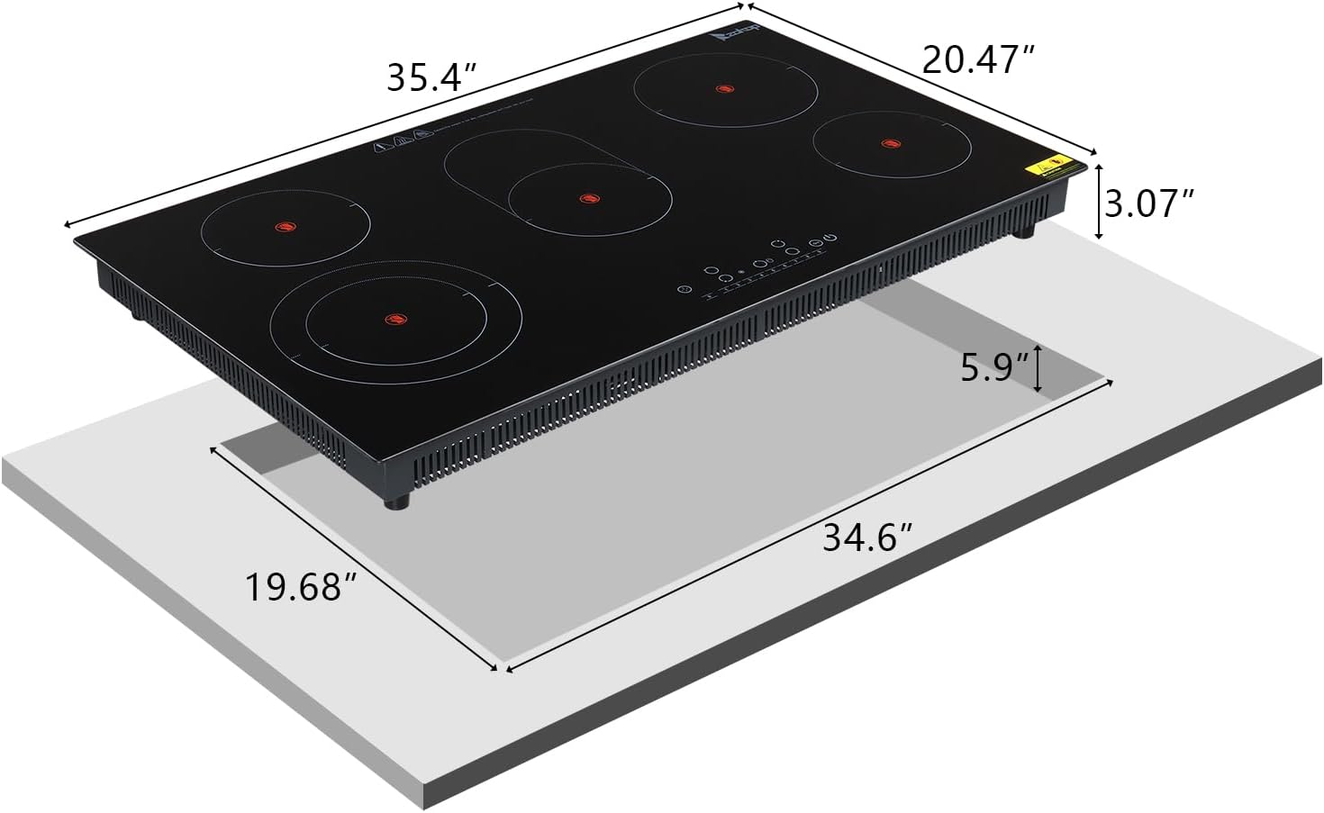 Winado 5 Burners Electric Ceramic Cooktop 35 inch, 220-240V Flat Top Stove, Multi-function Elecric Stovetop w/9 Heating Level, Timer & Kid Safety Lock, Sensor Touch Control, Timer Setting, 8600W