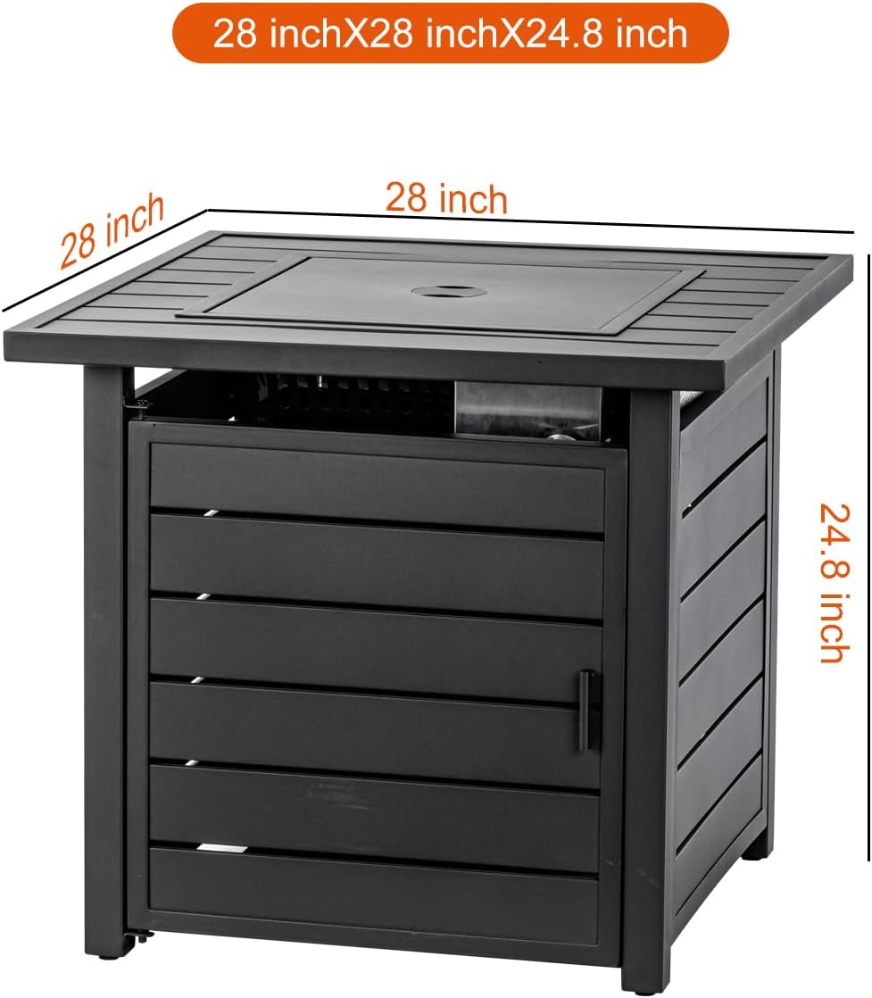 OutVue 28 inch Propane Fire Pit Table, Outdoor Gas Fire Pits with Lid & Lava Rock, 50000 BTU Firepit for Dinning, Party in Outside, Patio, Garden or Yard (Black)
