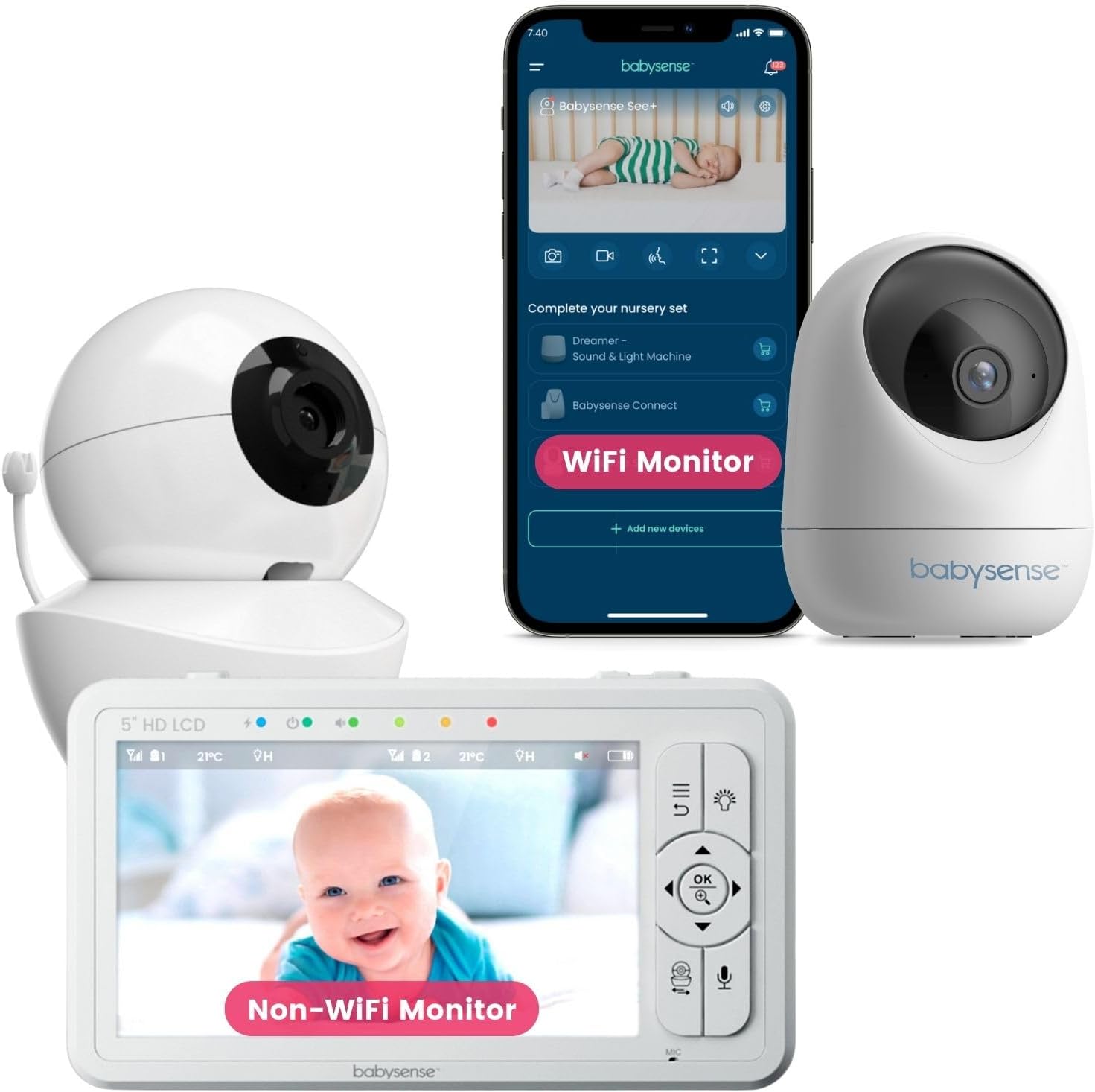 Babysense HDS2 5' HD Non-WiFi Baby Monitor Bundle with FullPeek WiFi Camera (2 Items)
