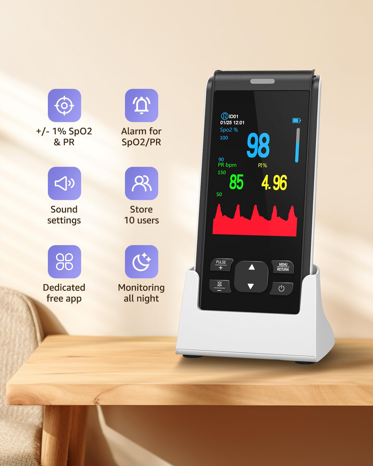 Pulse Oximeter Fingertip Infant Pulse Oximeter for Kids Overnight Continuous Pulse Oximeter Rechargeable Baby Oxygen Monitor Handheld Pulse Ox for SpO2 and Pulse Rate Continuous Baby Monitoring