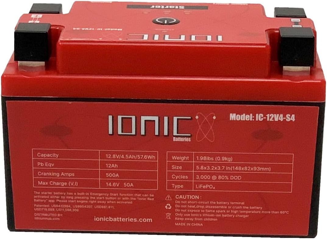 Ionic Lithium 12V Starter Battery for Motorcycles, UTVs, and ATVs - 12V Battery with 500CA - Bluetooth Capability - 3.3lbs - IC-12V4-S4-P