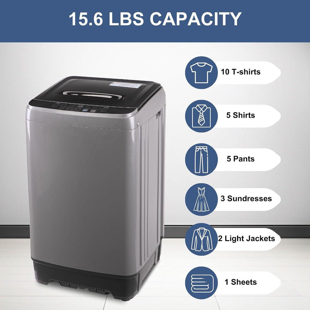 Washing Machine 15.6 lbs Automatic Laundry Machine 10 Programs, LED Display, 8 Water Levels Top Load Washer, High-efficiency Portable Compact Washer for Bath, Apartment, RV, Dorm