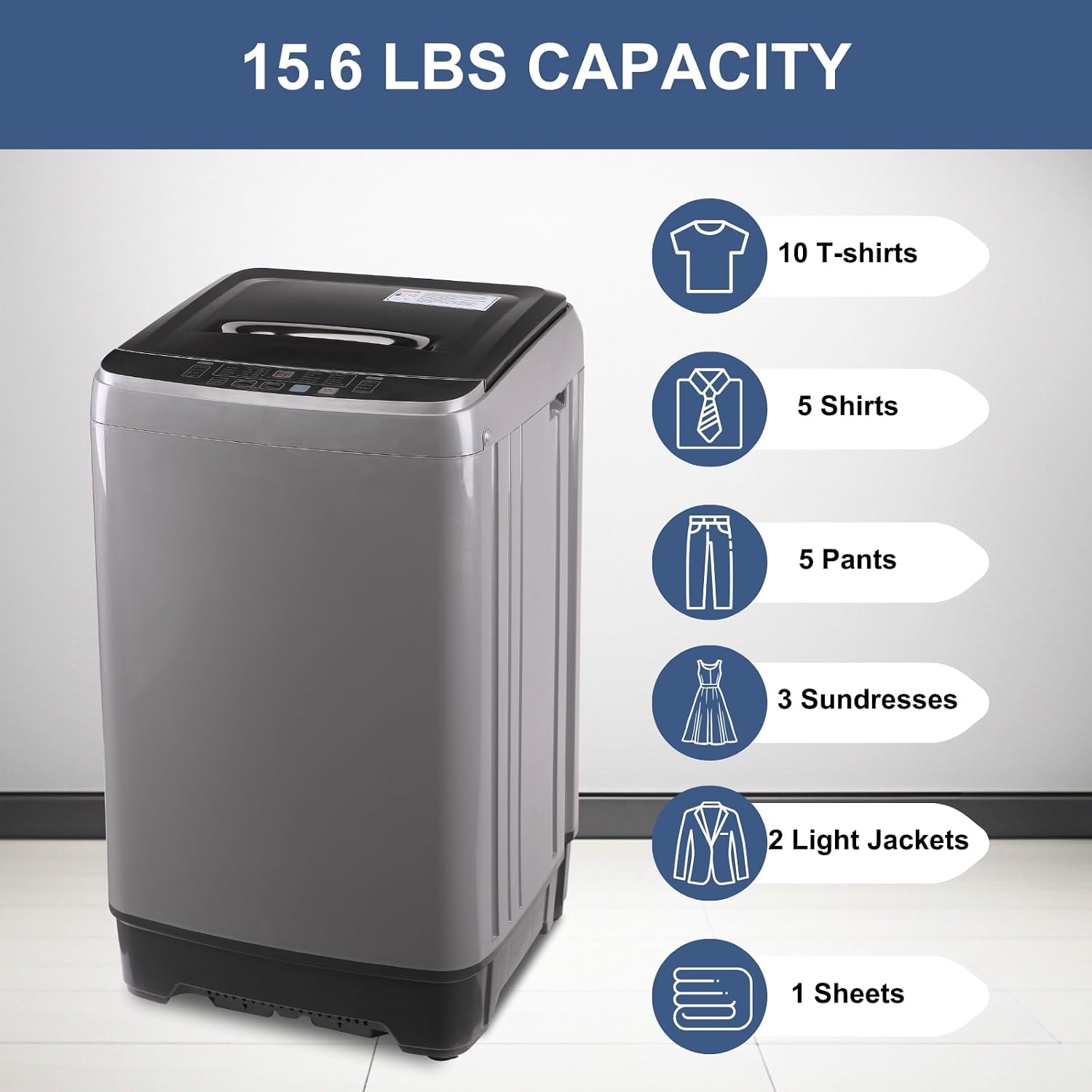 Washing Machine 15.6 lbs Automatic Laundry Machine 10 Programs, LED Display, 8 Water Levels Top Load Washer, High-efficiency Portable Compact Washer for Bath, Apartment, RV, Dorm